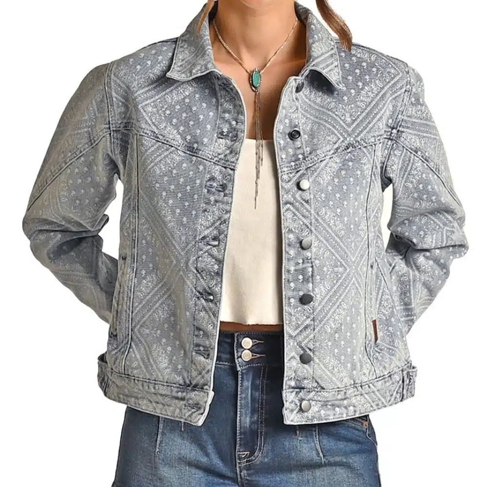 Rock&Roll Denim Cowgirl Bandana Print Jacket Women Light Paisley Western Large